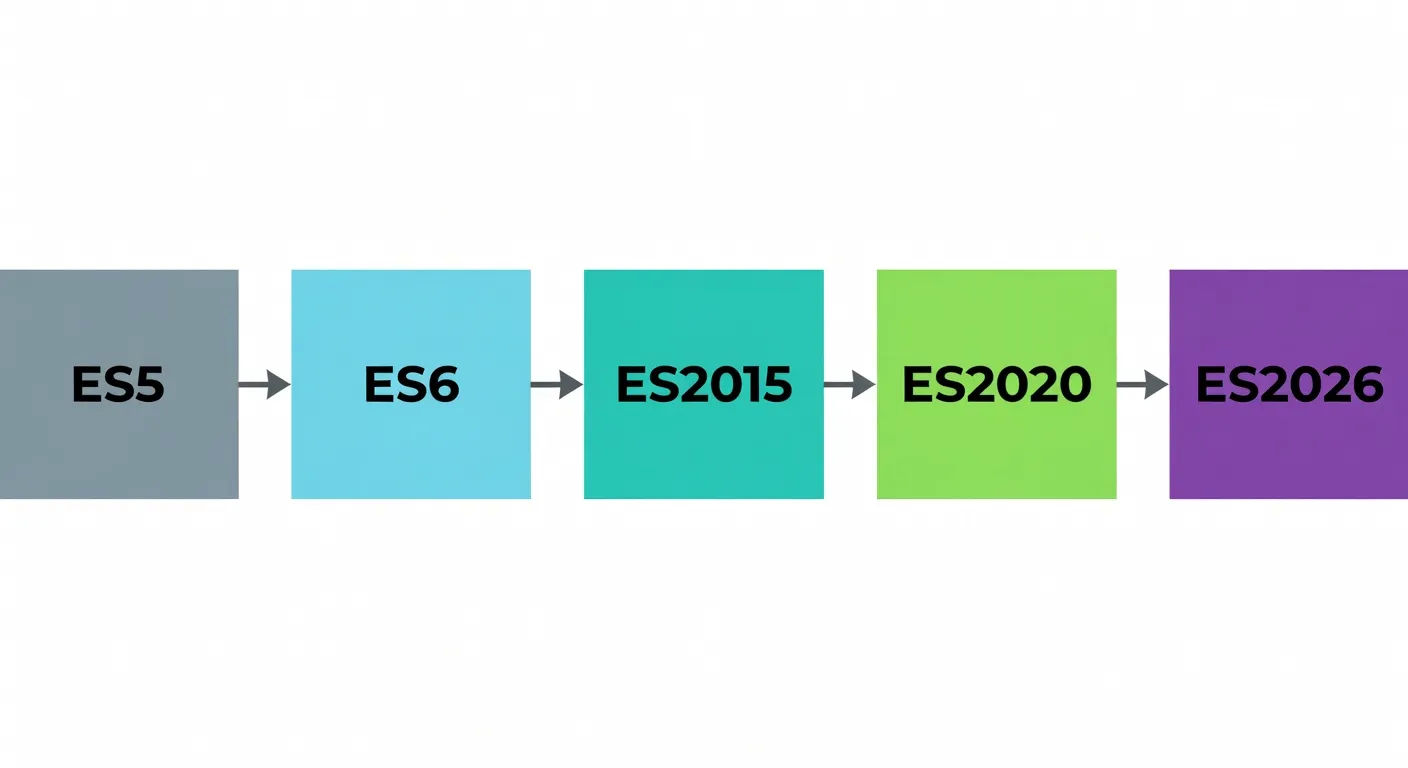 Schéma de progression JavaScript ES5 vers ES2026, design minimaliste