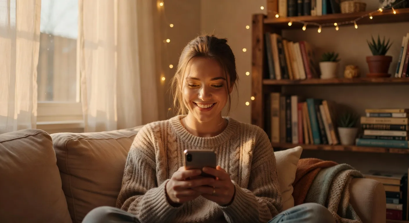 Femme souriante regardant son téléphone
