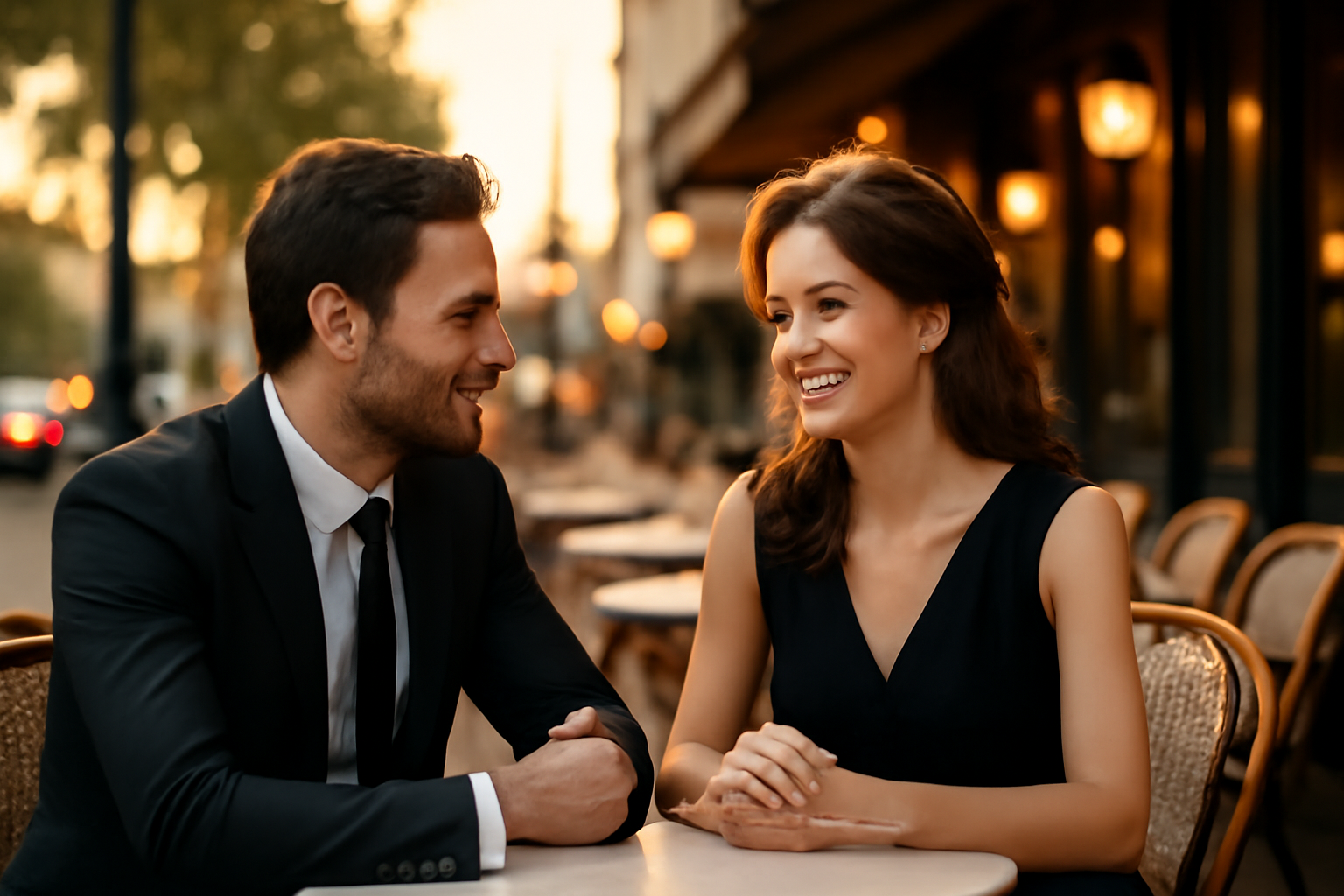 Homme et femme échangeant un regard complice lors d'un rendez-vous