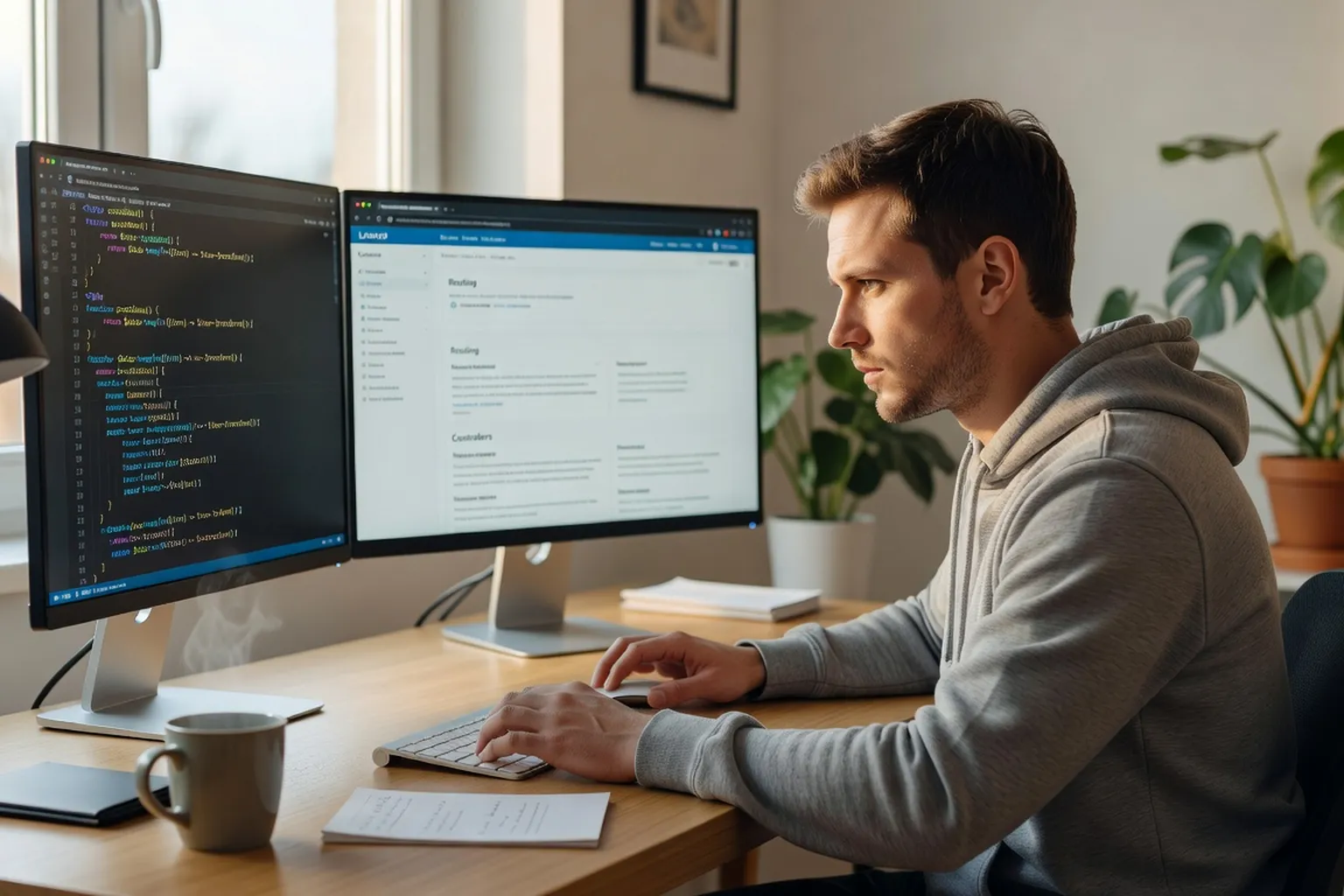 Developpeur apprenant PHP sur ordinateur, code source visible a l'ecran