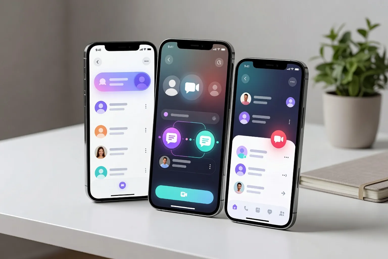 Ecrans d'application de rencontre moderne en 2026 : profils, chat video, IA matching
